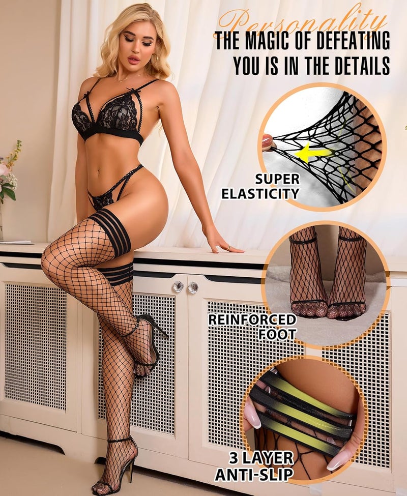 RSLOVE Fishnet Thigh High Stockings - Womens Fishnet Stockings Antiskid Silicone Stay Up Pantyhose Sexy Lingerie for Women - Image 3